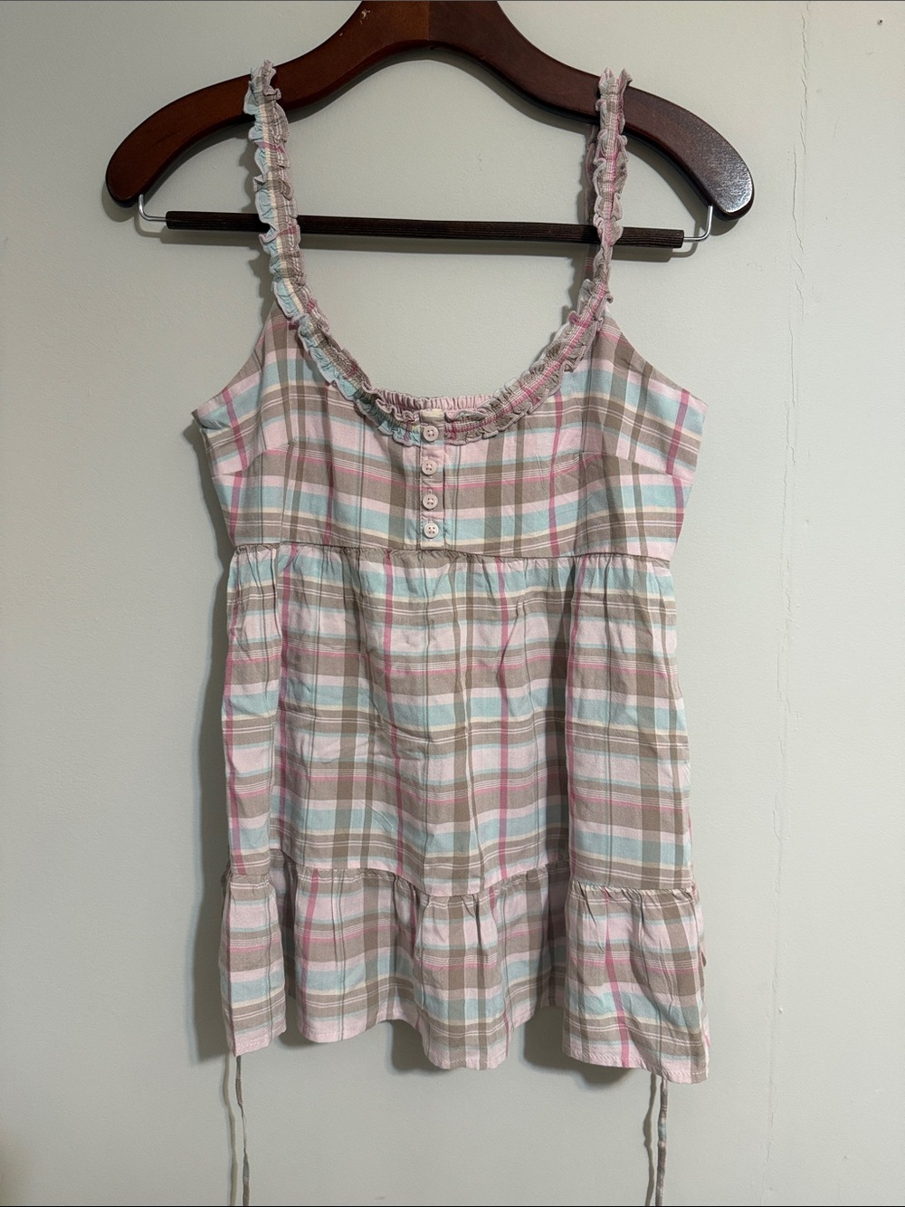 Hollister Pastel Plaid Ruffle Strap Tank Top - Pink, Blue & Cream